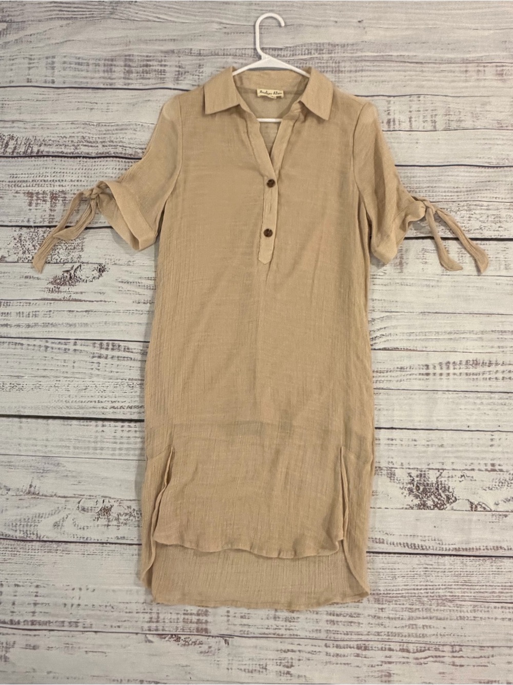 Indigo Rose Tan Tie Sleeve Gauze Shirt Dress Women’s S. Collared V-Neck Lined